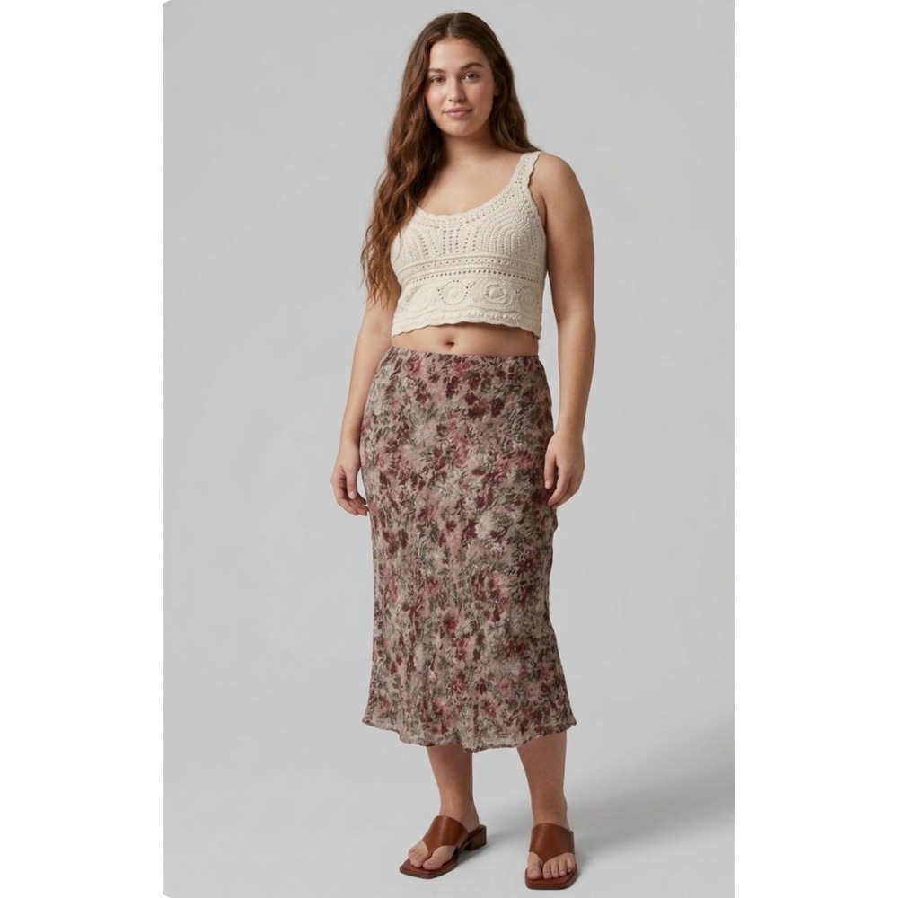 J.Jill Floral Midi Skirt Size 12 Pink‎ Burgundy Chiffon Boho Cottagecore Earthy